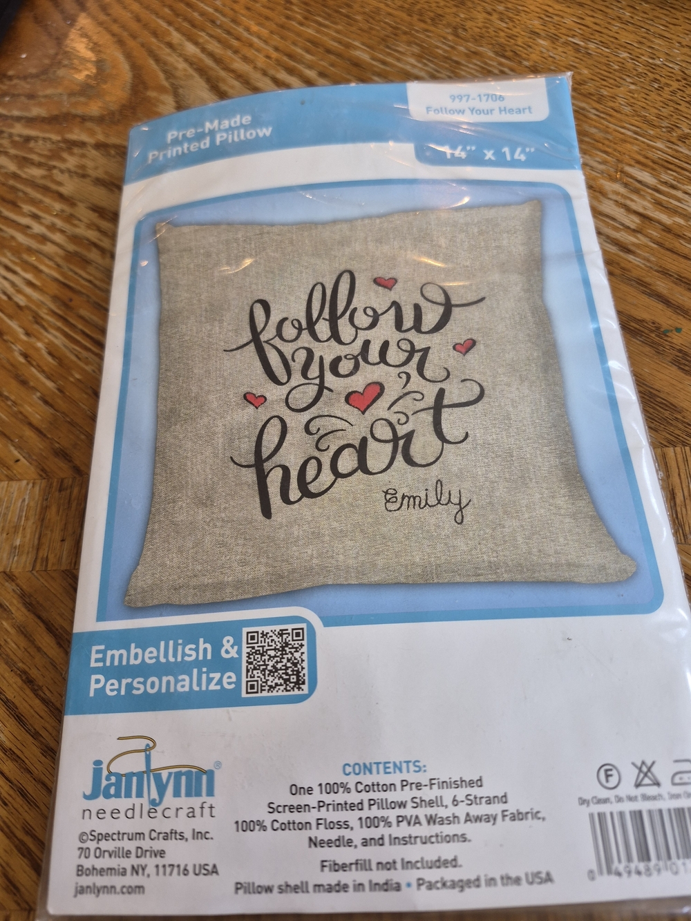 5/25 Janlynn Follow Your Heart Embroidery Pillow Kit- Beige